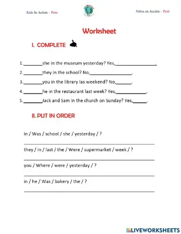 Worksheet Starters A1.2 Class 4