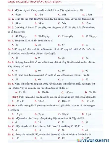 Toán 2 lên 3 - Dạng 8: Các bài toán nâng cao