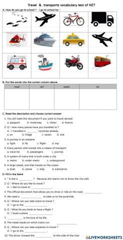 Trave & transports vocabulary test of KET
