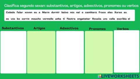 Substantivos, artigos, adxectivos, pronomes e verbos