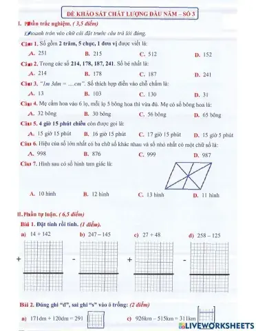 Toán 2 lên 3: Đề khảo sát đầu năm số 3