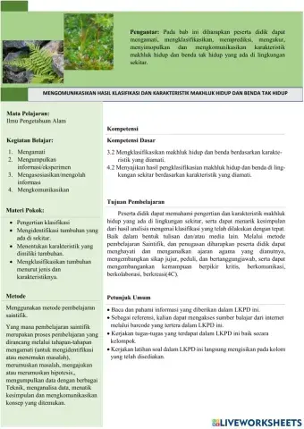 LKPD Klasifikasi Makhluk Hidup dan Benda Tak Hidup