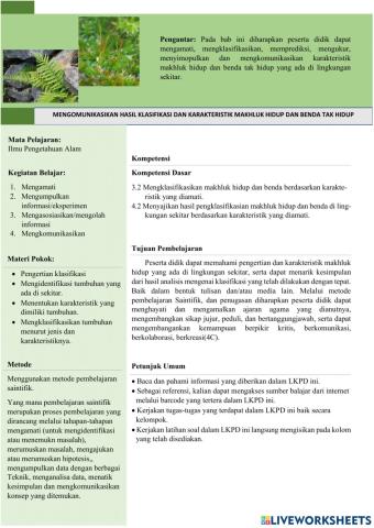 LKPD Klasifikasi Makhluk Hidup dan Benda Tak Hidup