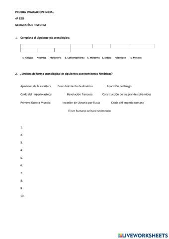 Prueba inicial cuarto eso historia