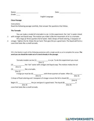 Tornado Cloze Passage