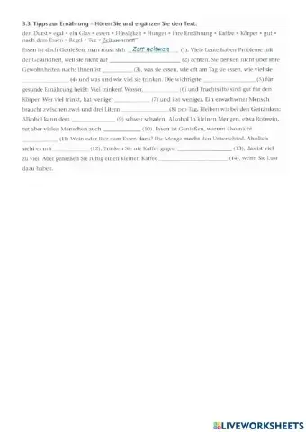 Ernährung: Textergänzung (aus Berliner Platz neu 3