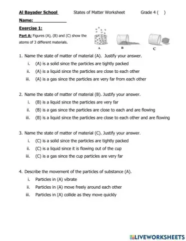States of matter worksheet