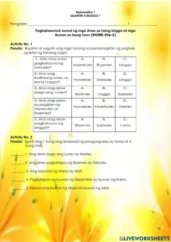 Pagkakasunod-sunod ng mga Araw sa Isang Linggo at mga Buwan sa Isang Taon (M1ME-IVa-1)