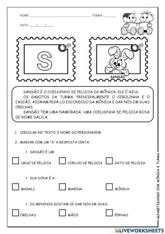 Interpretação de texto TURMA DA MONICA