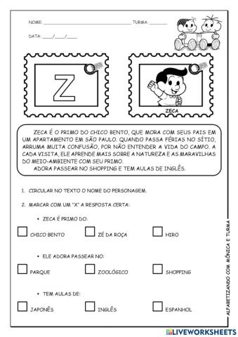 Interpretação de texto TURMA DA MONICA