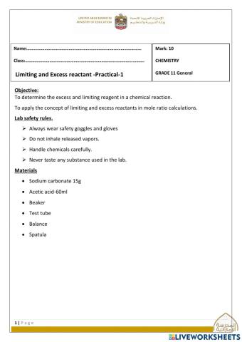 Limiting and excess reactants - Lab worksheet