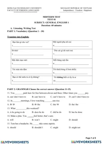 DNTU General Eng 1 Mid Test