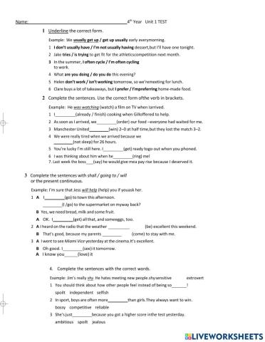 4th Year Unit 1 Test