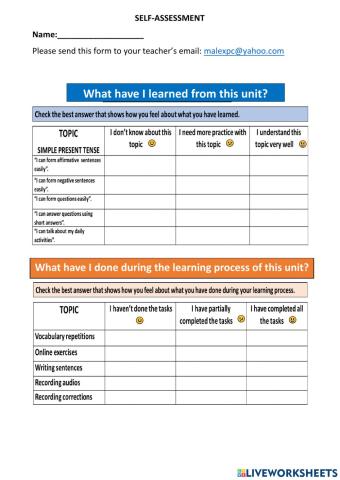 SELF-ASSESSMENT FORM - SIMPLE PRESENT - DAILY ACTIVITIES