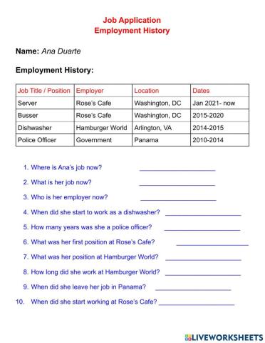 Job Application: employment history