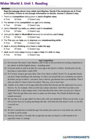 Wider World 3. Unit 1.Reading
