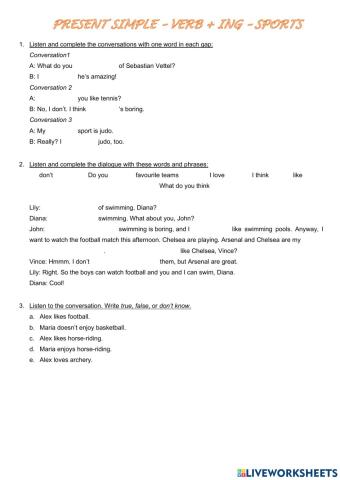 Present simple. Verb+ ing. Sports