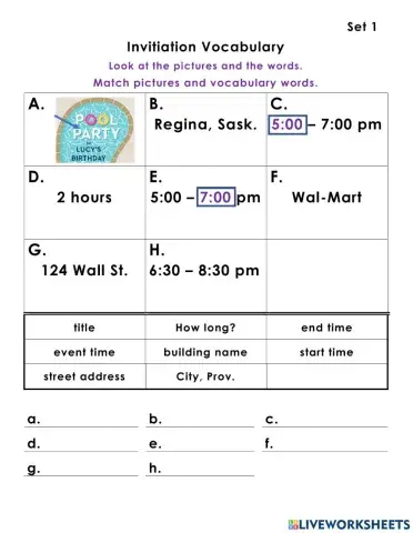 Reading an Invitation Vocabulary