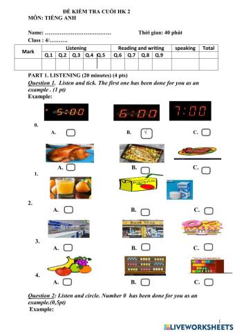 Đề thi thử tiếng anh lớp 4 cuối học kỳ 2