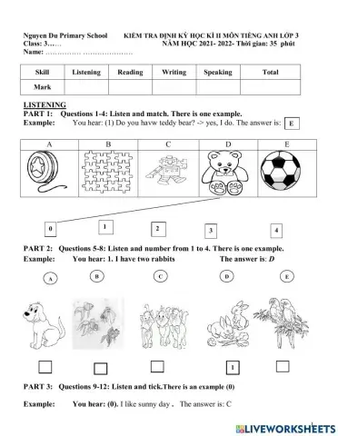 Đề thi thử cuối kì tiếng anh 3