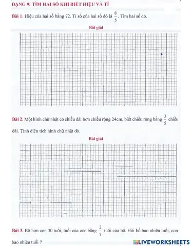 Toán 4 lên 5 - Dạng 9: Tìm hai số khi biết tỉ và hiệu
