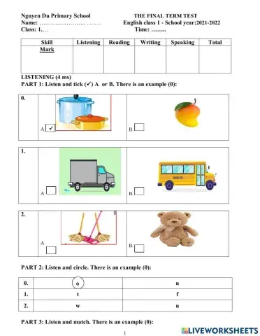 Đề thi học kì 2 lớp 1