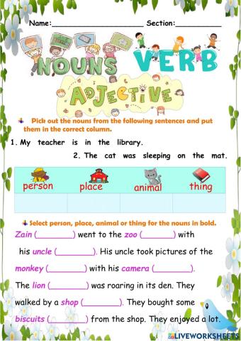 Nouns, Verbs and Adjectives