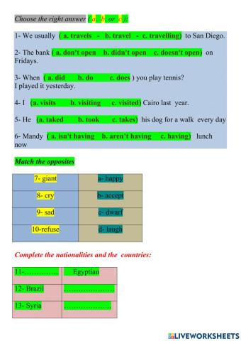 Quick work sheet for seventh class