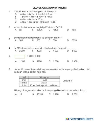 Pentaksiran Matematik Tahun 3