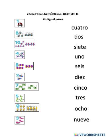 Pareo de Escritura de números del 1 al 20