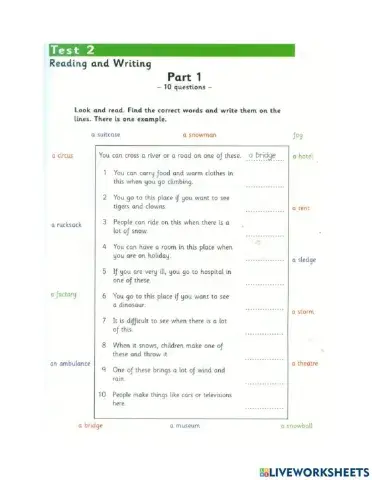 Flyers 1 Test 2 (Reading & Writing ) part 1-5