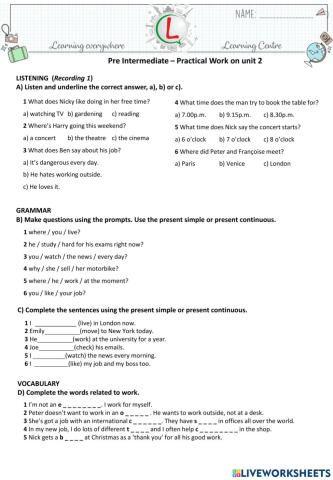 Pre Internmediate - Practical Work on Unit 3