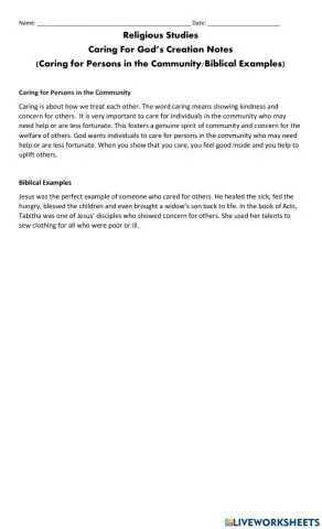 Caring for God's Creation  : Caring for Persons in the community-biblical examples