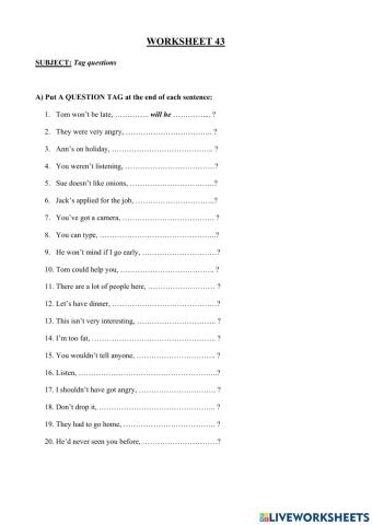 Worksheet 43 - Tag questions