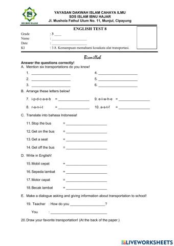 Kelas 3 PH Lesson 8 Transportation