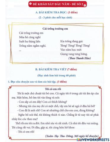 Tiếng Việt 1 lên 2: Đề khảo sát đầu năm số 2