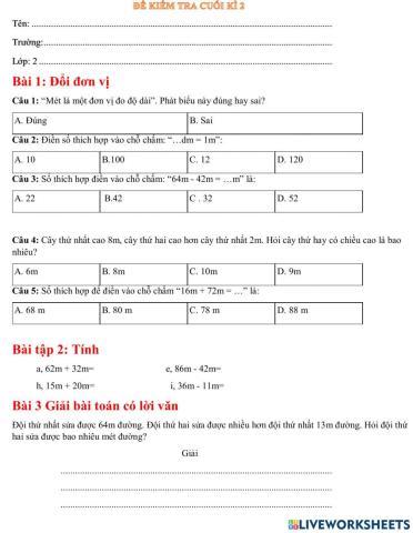 Đề kiểm tra thử cuối kì 2 lớp 2