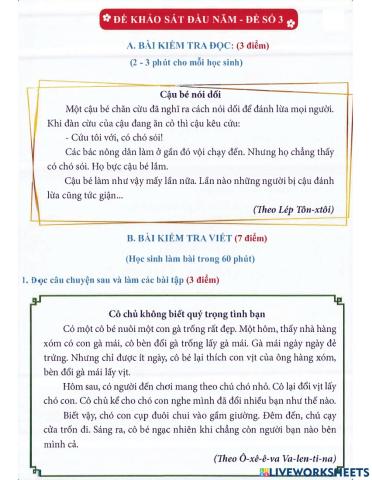 Tiếng Việt 1 lên 2: Đề khảo sát đầu năm số 3