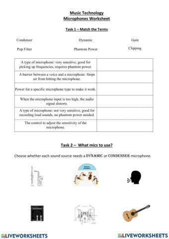 Music Technology S3 worksheet - microphones