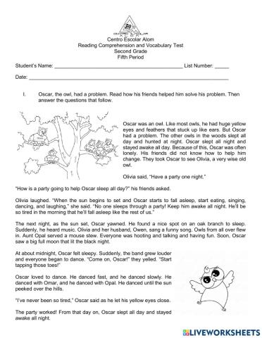 Reading & Voc - Second Grade - Fifth Period Test