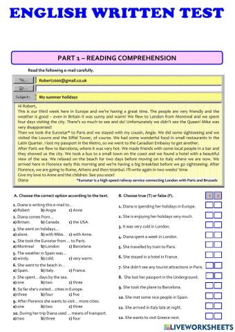 Reading and vocabulary test 6th class