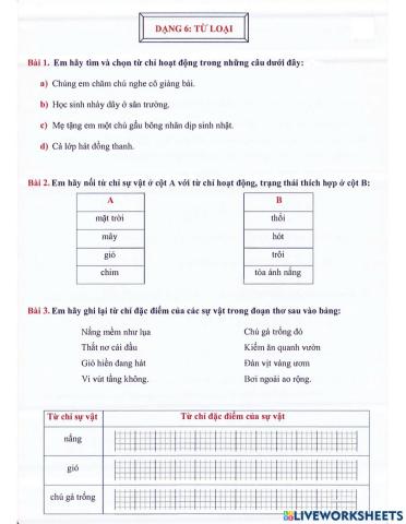 Tiếng Việt 2 lên 3 - Dạng 6: Từ loại