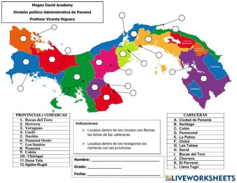 Mapa Provincias, Comarcas y Cabeceras de Panamá