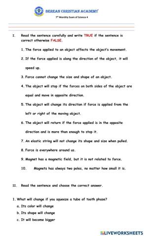 7th Monthly Exam in Science 4