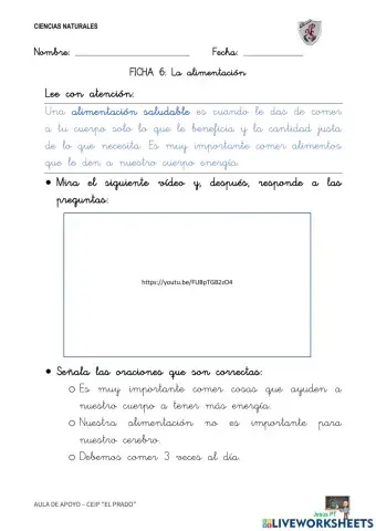 Ficha 6 La alimentación-1EP-Ciencias Naturales