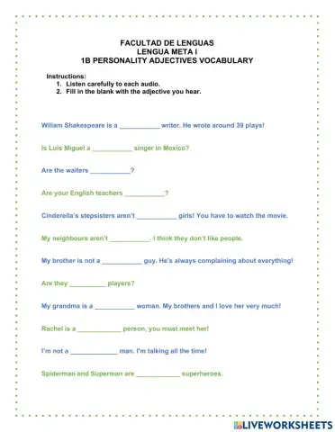 1B Personality adjectives vocabulary