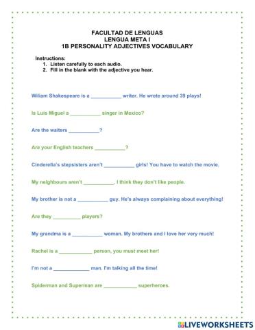 1B Personality adjectives vocabulary
