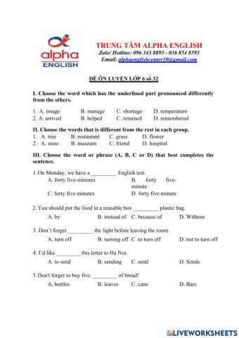 Đề luyện số 32 lớp 6 trường Amsterdam