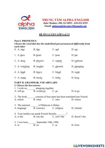 Đề luyện số 33 lớp 6 trường Amsterdam