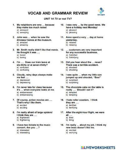 VOCAB AND GRAMMAR REVIEW UNIT 14 TV or not TV?